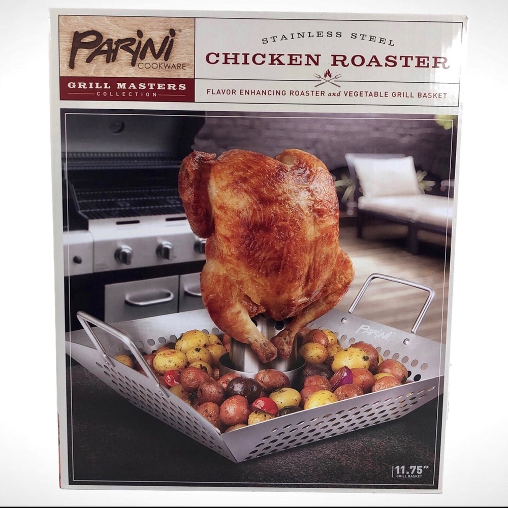Parini Grill Masters Stainless Steel Chicken Roaster Grill Basket!